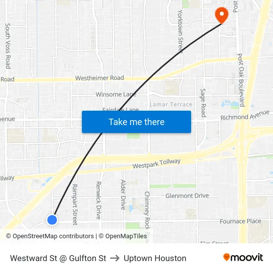 Westward St @ Gulfton St to Uptown Houston map