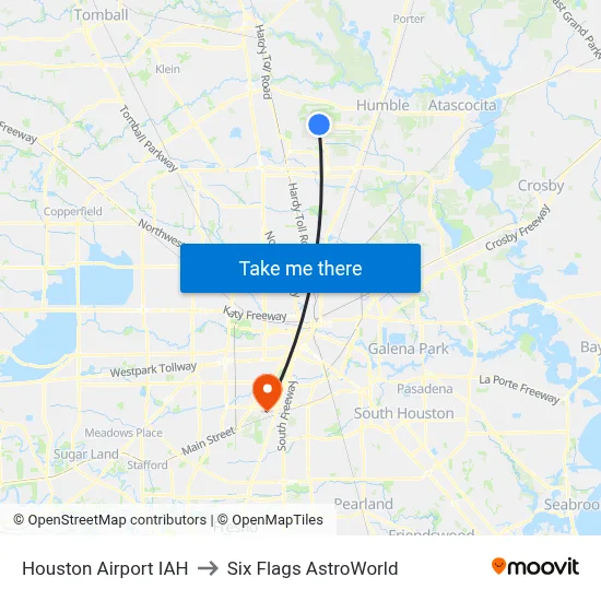 Houston Airport IAH to Six Flags AstroWorld map