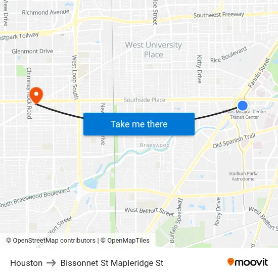Houston to Bissonnet St Mapleridge St map