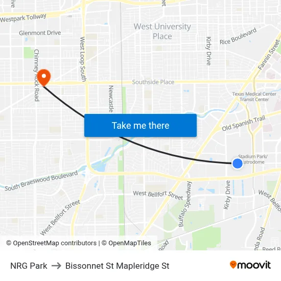 NRG Park to Bissonnet St Mapleridge St map
