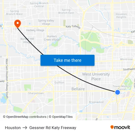 Houston to Gessner Rd Katy Freeway map