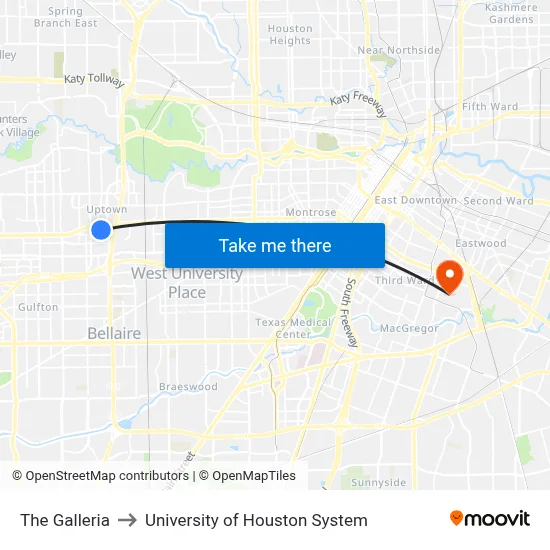 The Galleria to University of Houston System map