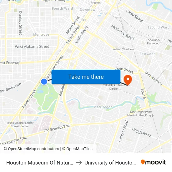 Houston Museum Of Natural Science to University of Houston System map