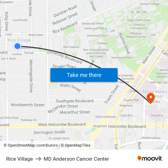 Rice Village to MD Anderson Cancer Center map