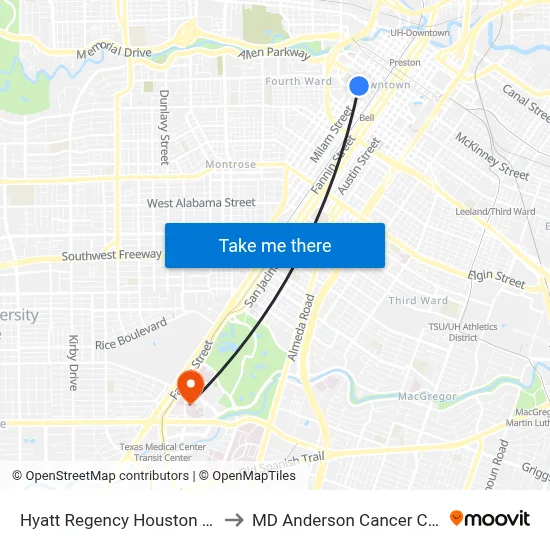 Hyatt Regency Houston Hotel to MD Anderson Cancer Center map