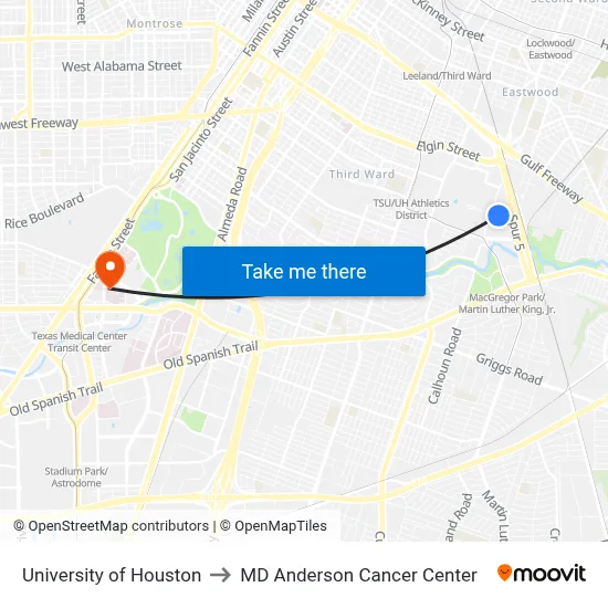 University of Houston to MD Anderson Cancer Center map