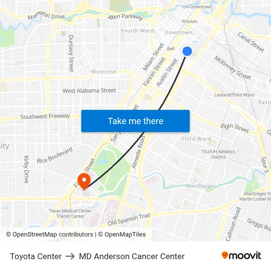 Toyota Center to MD Anderson Cancer Center map