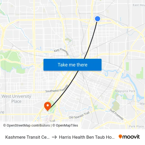 Kashmere Transit Center to Harris Health Ben Taub Hospital map