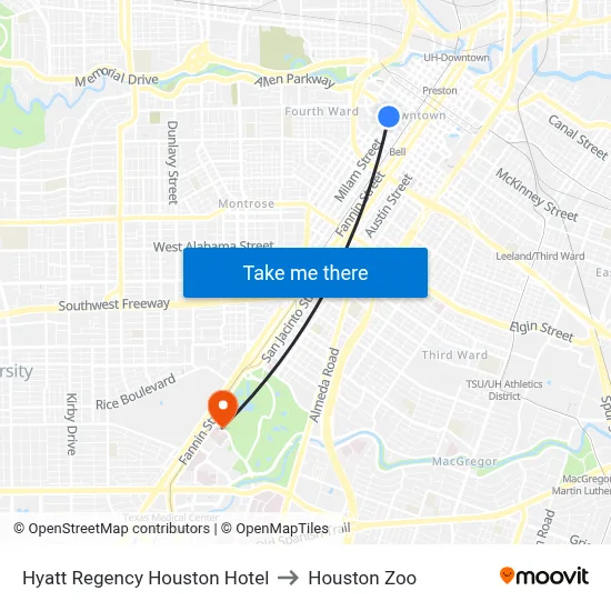 Hyatt Regency Houston Hotel to Houston Zoo map