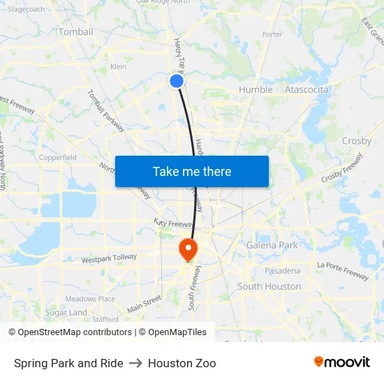 Spring Park and Ride to Houston Zoo map