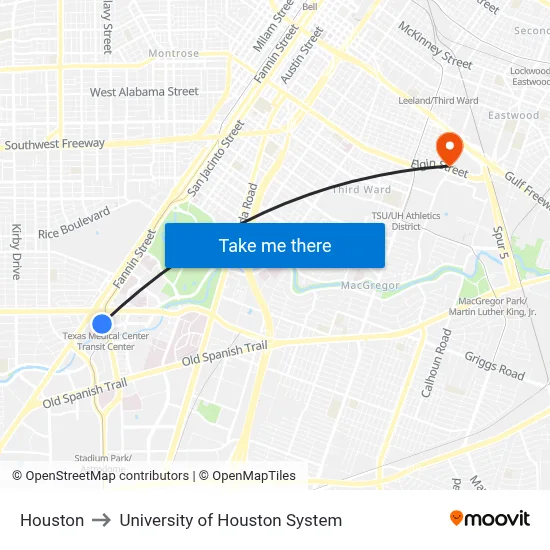 Houston to University of Houston System map