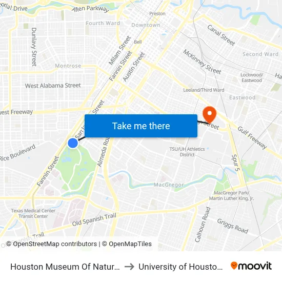 Houston Museum Of Natural Science to University of Houston System map
