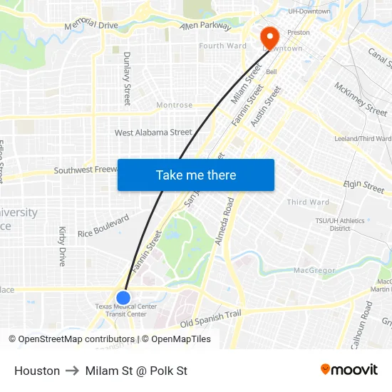 Houston to Milam St @ Polk St map