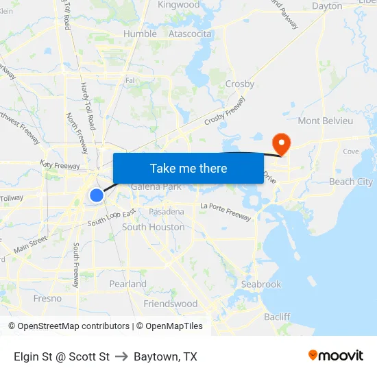 Elgin St @ Scott St to Baytown, TX map