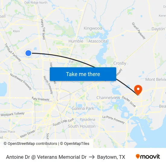 Antoine Dr @ Veterans Memorial Dr to Baytown, TX map