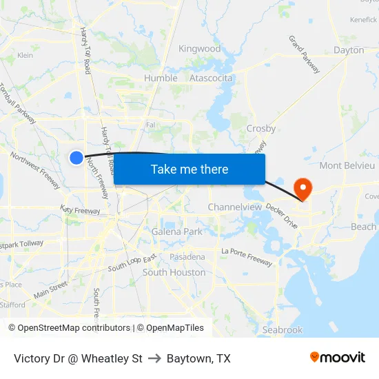 Victory Dr @ Wheatley St to Baytown, TX map