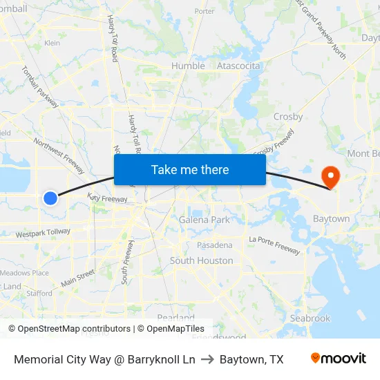Memorial City Way @ Barryknoll Ln to Baytown, TX map