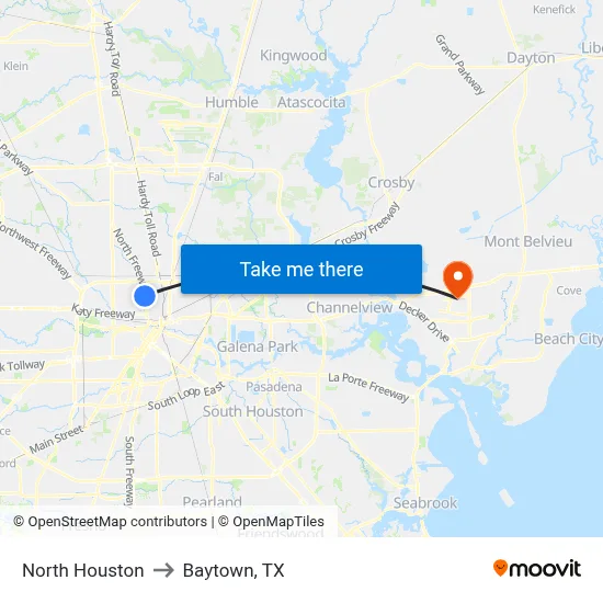 North Houston to Baytown, TX map