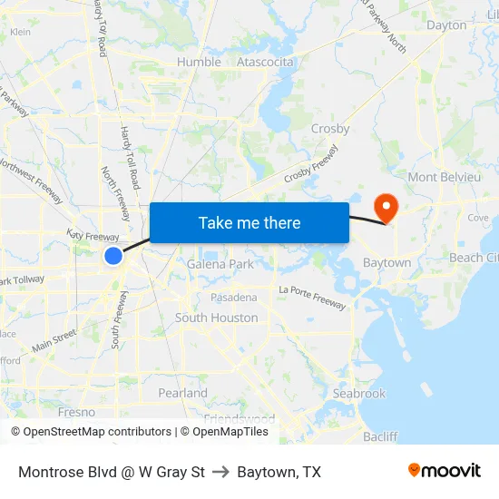 Montrose Blvd @ W Gray St to Baytown, TX map