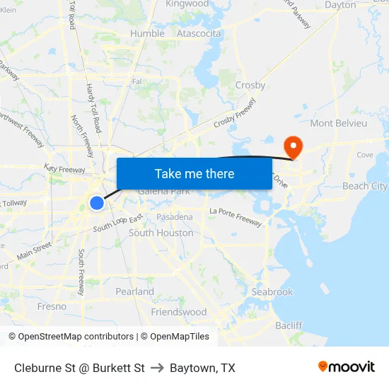 Cleburne St @ Burkett St to Baytown, TX map