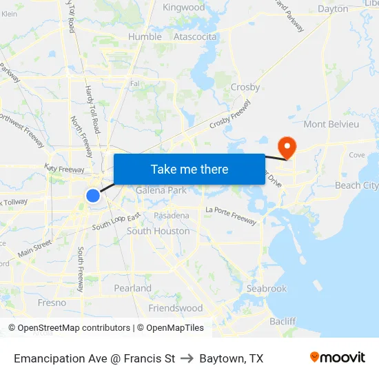 Emancipation Ave @ Francis St to Baytown, TX map