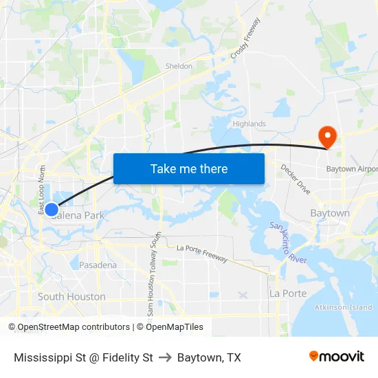 Mississippi St @ Fidelity St to Baytown, TX map