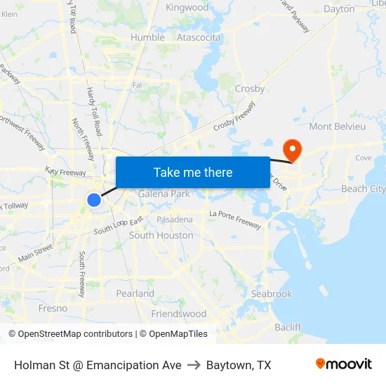 Holman St @ Emancipation Ave to Baytown, TX map