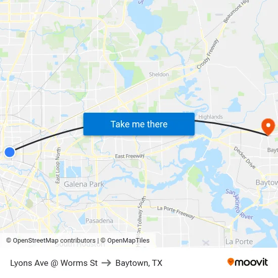 Lyons Ave @ Worms St to Baytown, TX map