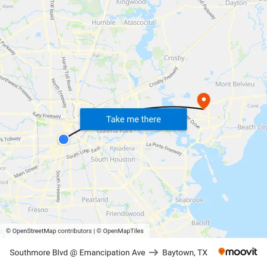 Southmore Blvd @ Emancipation Ave to Baytown, TX map