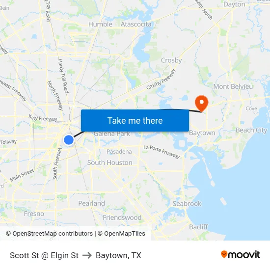 Scott St @ Elgin St to Baytown, TX map