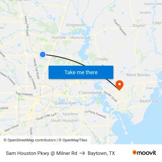 Sam Houston Pkwy @ Milner Rd to Baytown, TX map