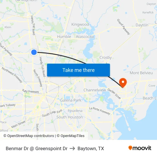 Benmar Dr @ Greenspoint Dr to Baytown, TX map