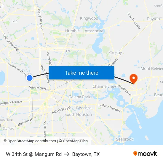 W 34th St @ Mangum Rd to Baytown, TX map