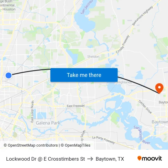 Lockwood Dr @ E Crosstimbers St to Baytown, TX map