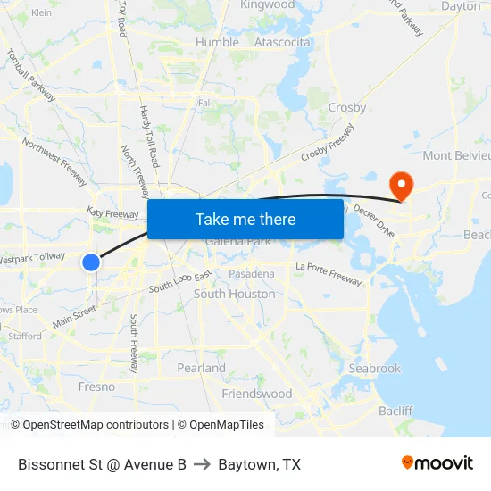 Bissonnet St @ Avenue B to Baytown, TX map