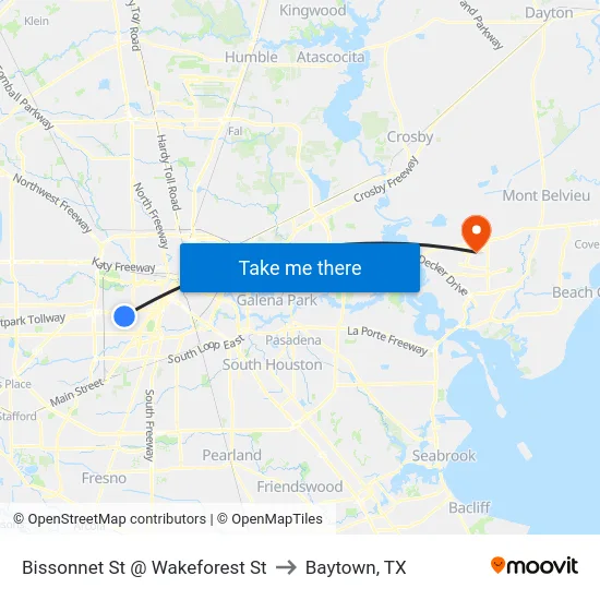 Bissonnet St @ Wakeforest St to Baytown, TX map
