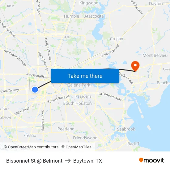 Bissonnet St @ Belmont St to Baytown, TX map
