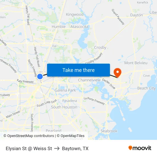 Elysian St @ Weiss St to Baytown, TX map