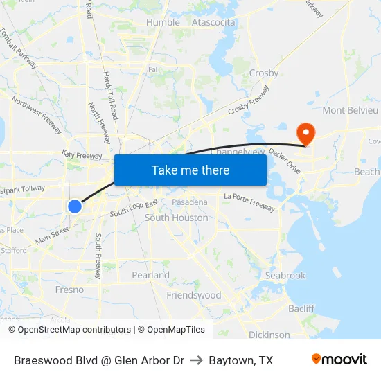 Braeswood Blvd @ Glen Arbor Dr to Baytown, TX map