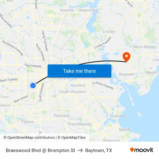 Braeswood Blvd @ Brompton St to Baytown, TX map
