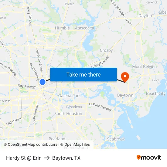 Hardy St @ Erin to Baytown, TX map