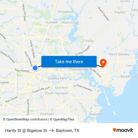 Hardy St @ Bigelow St to Baytown, TX map