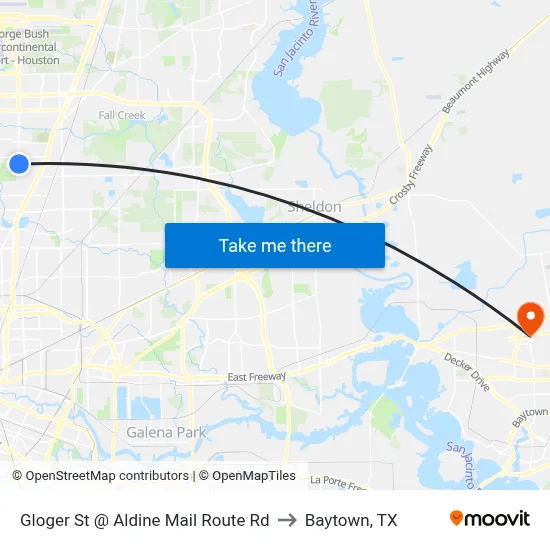 Gloger St @ Aldine Mail Route Rd to Baytown, TX map