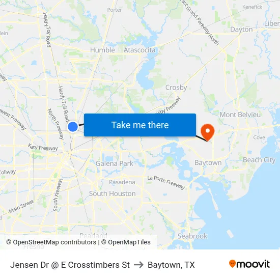 Jensen Dr @ E Crosstimbers St to Baytown, TX map