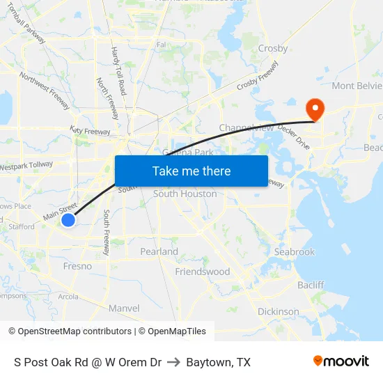 S Post Oak Rd @ W Orem Dr to Baytown, TX map