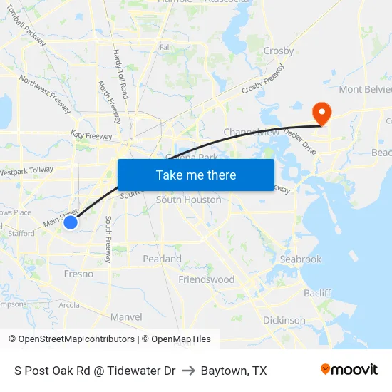 S Post Oak Rd @ Tidewater Dr to Baytown, TX map