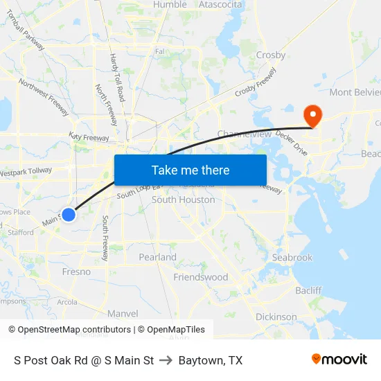 S Post Oak Rd @ S Main St to Baytown, TX map