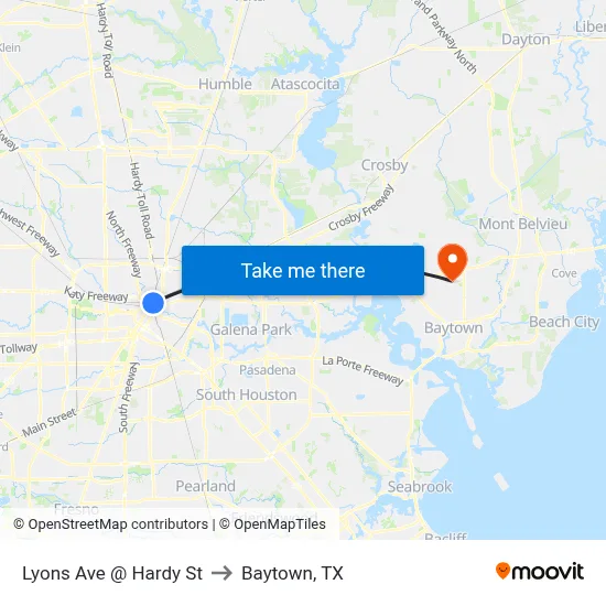 Lyons Ave @ Hardy St to Baytown, TX map
