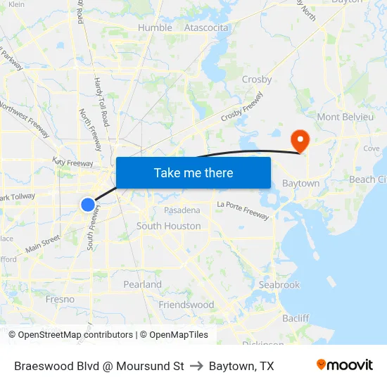 Braeswood Blvd @ Moursund St to Baytown, TX map