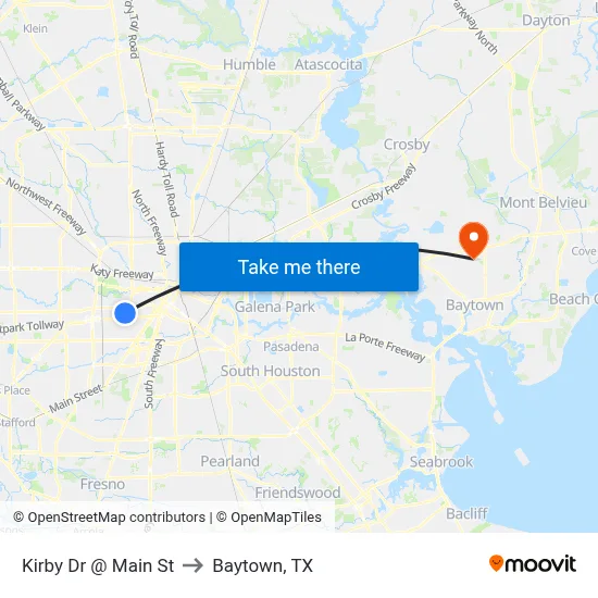 Kirby Dr @ Main St to Baytown, TX map